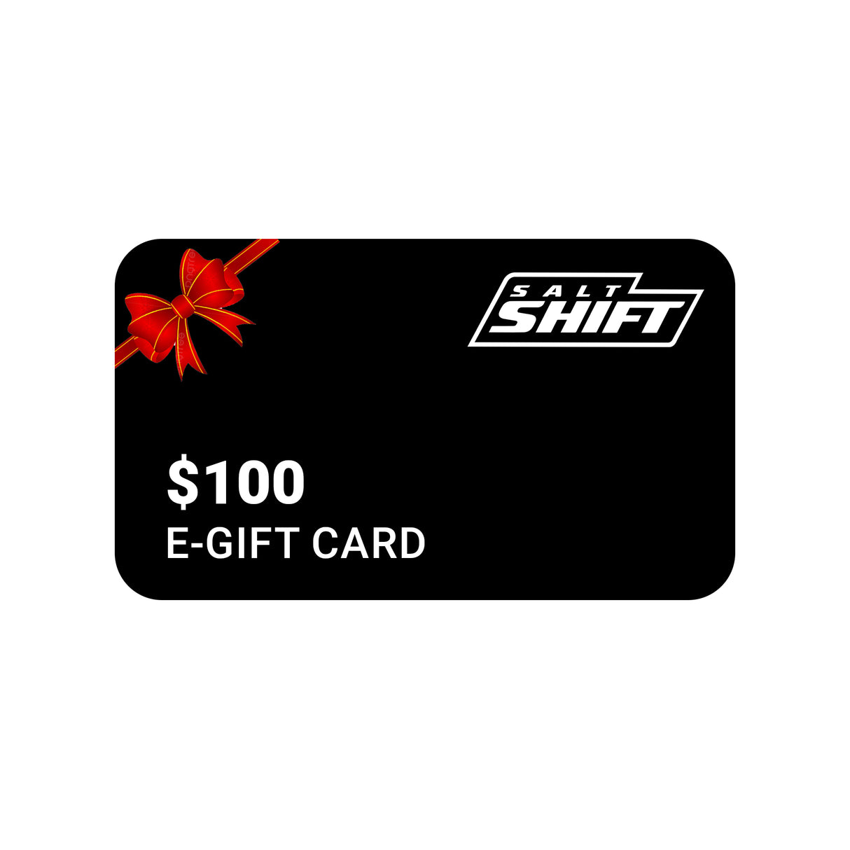 Salt Shift $100 e-gift card with a red ribbon design, perfect for gifting car and marine cleaning products.