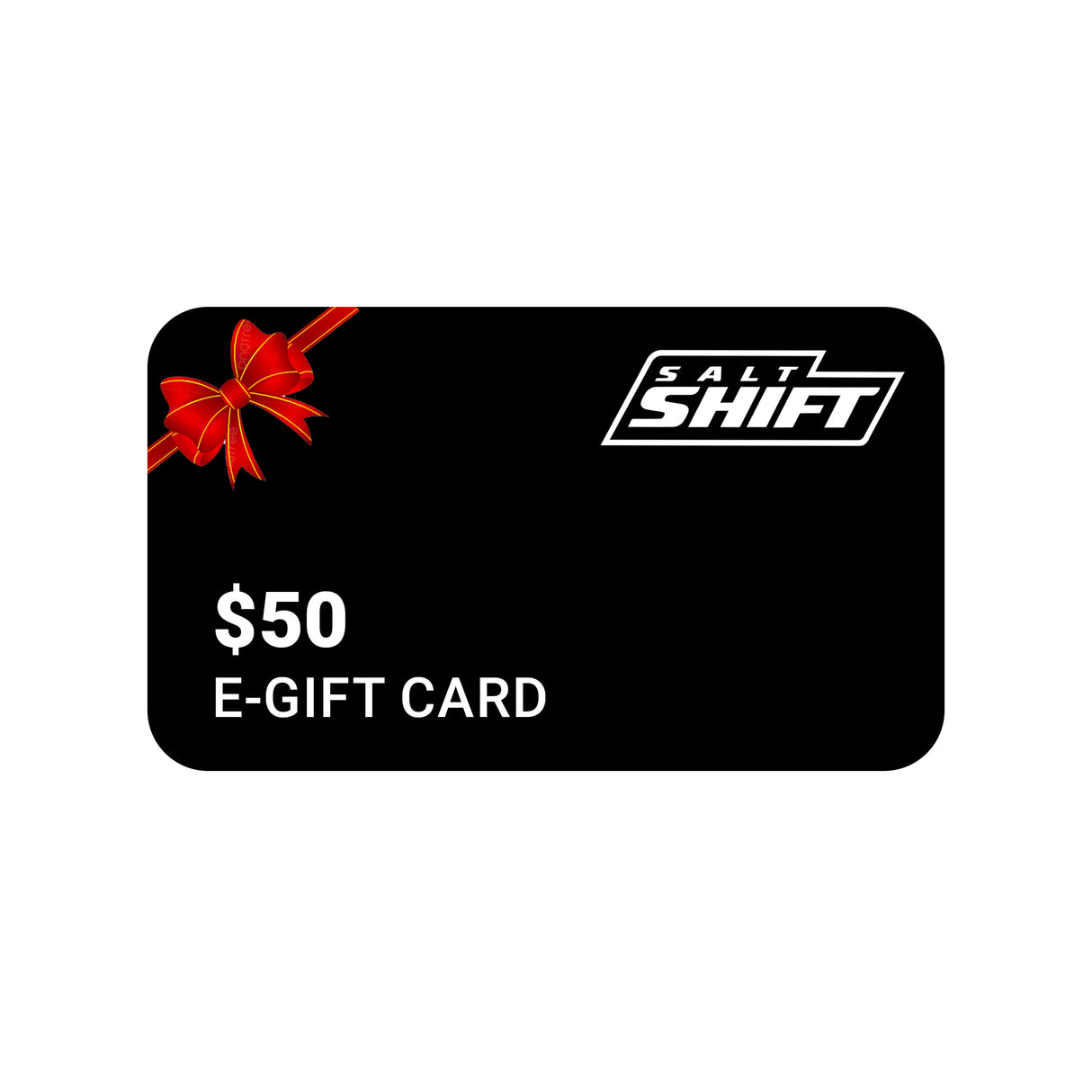 Salt Shift $50 e-gift card with a red ribbon design, perfect for gifting car and marine cleaning products.