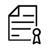 Black certificate or document icon with a ribbon badge, representing certification, approval, or warranty.