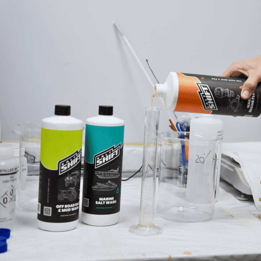 Salt Shift Marine Engine Flush Kit products being tested in a lab