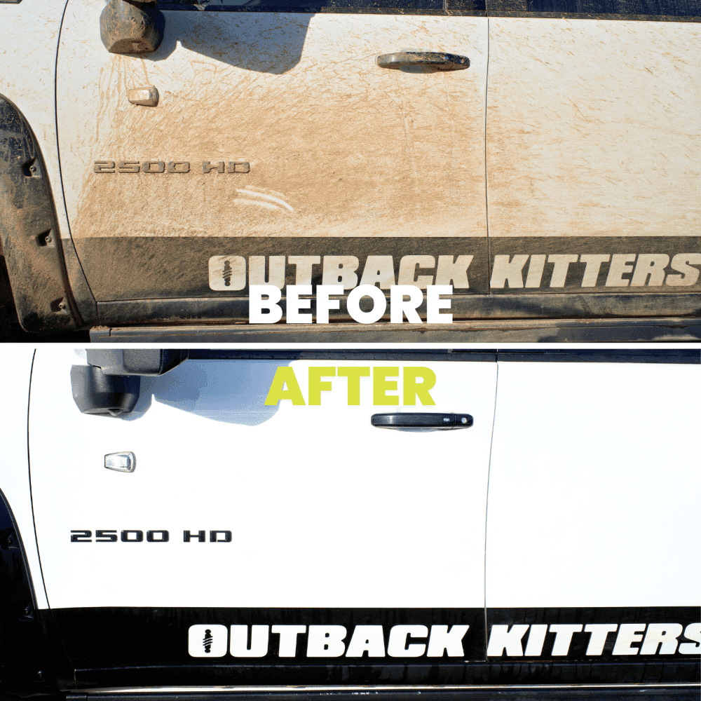 before and after car being washed with Salt Shift Off-Road Duo 