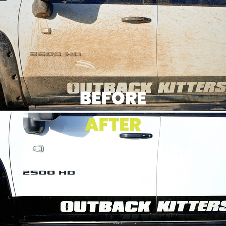 Before and after of a 2500 HD truck, showing the effectiveness of Salt Shift cleaner in removing mud and restoring shine.