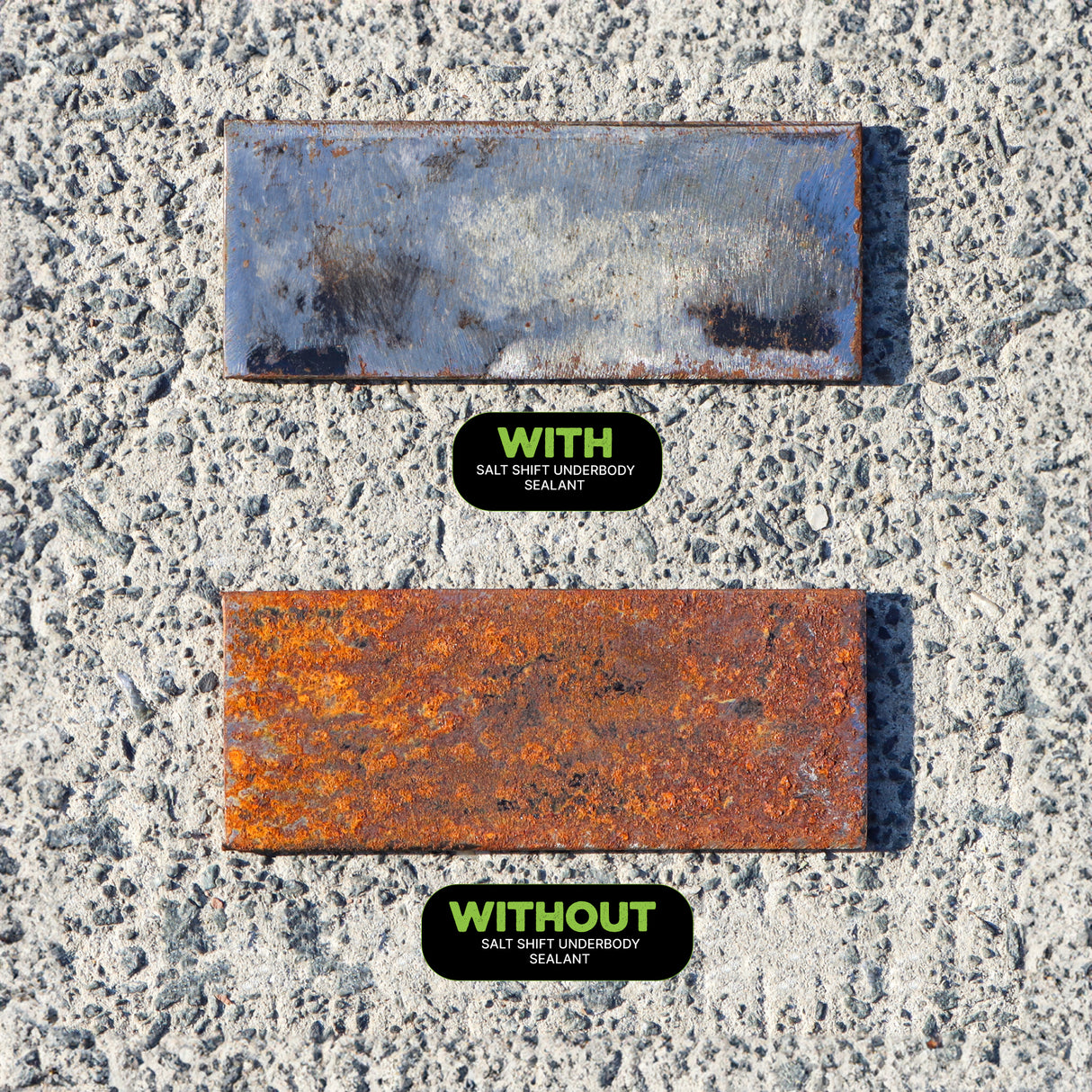 metal showcase of how it handles rust with and without salt shift products 