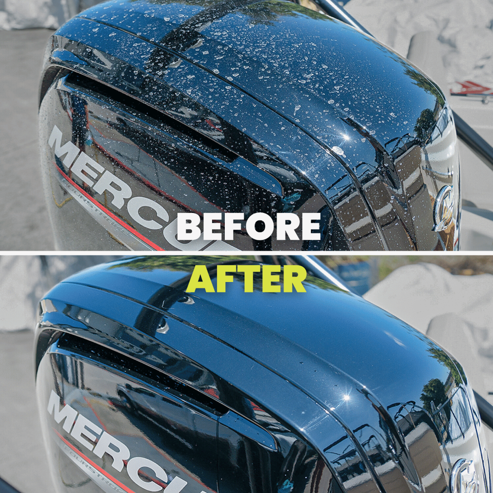 Before and after using Salt Shift cleaner on a Mercury outboard engine, removing salt deposits and restoring a glossy finish.